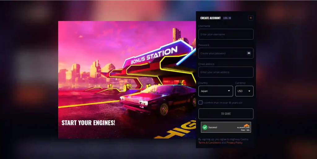 Highway Casino registration and account interface