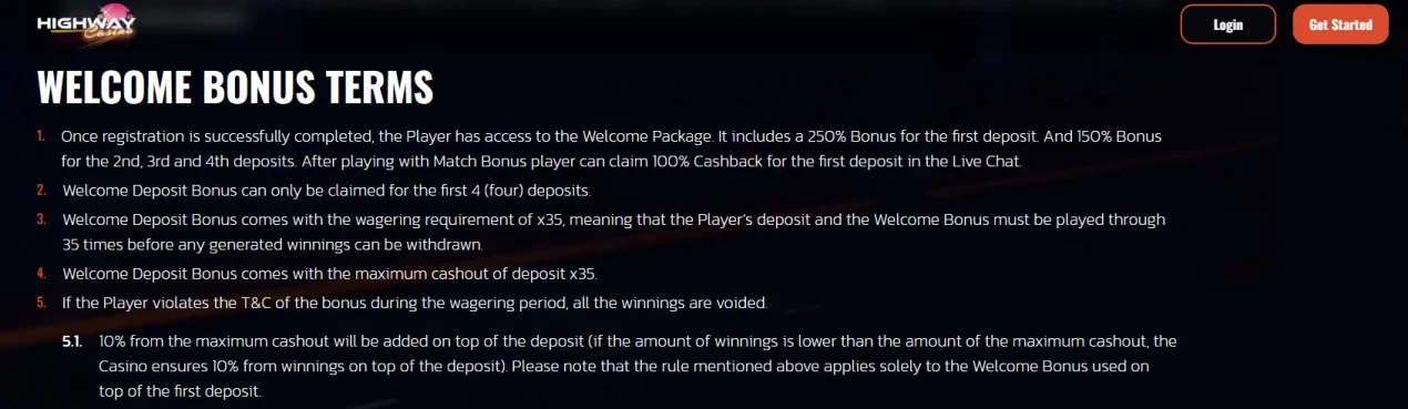 Highway Casino welcome bonus terms page showing the current offer structure