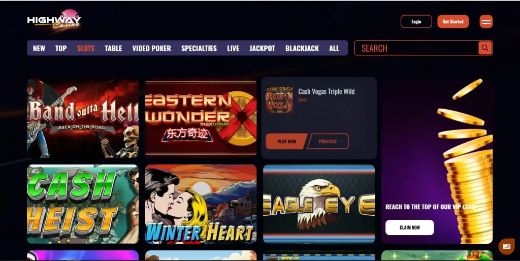 Highway Casino game lobby showing pokies, slots and provider navigation