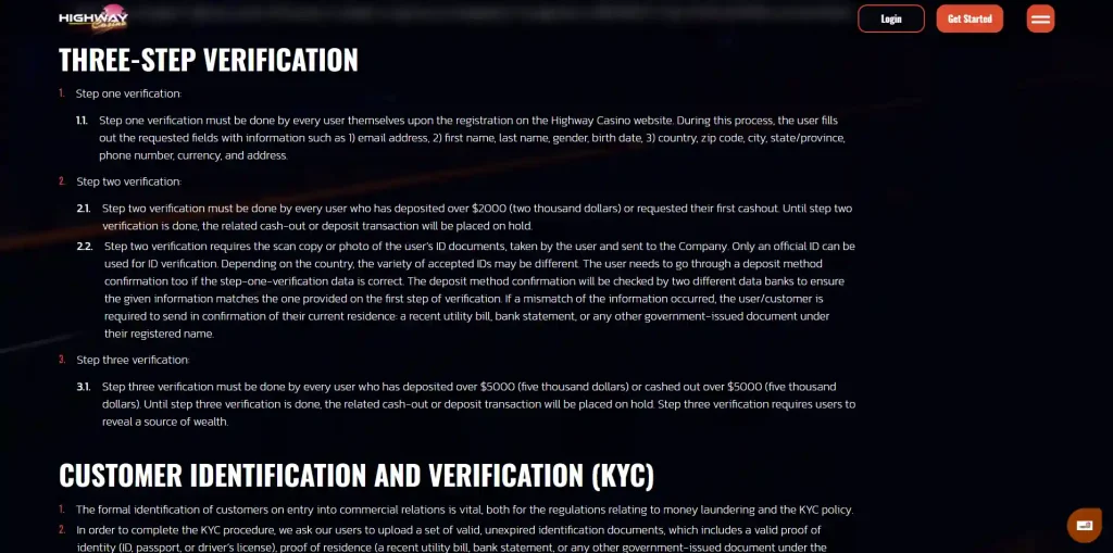 Highway Casino AML policy showing its three-stage KYC verification process