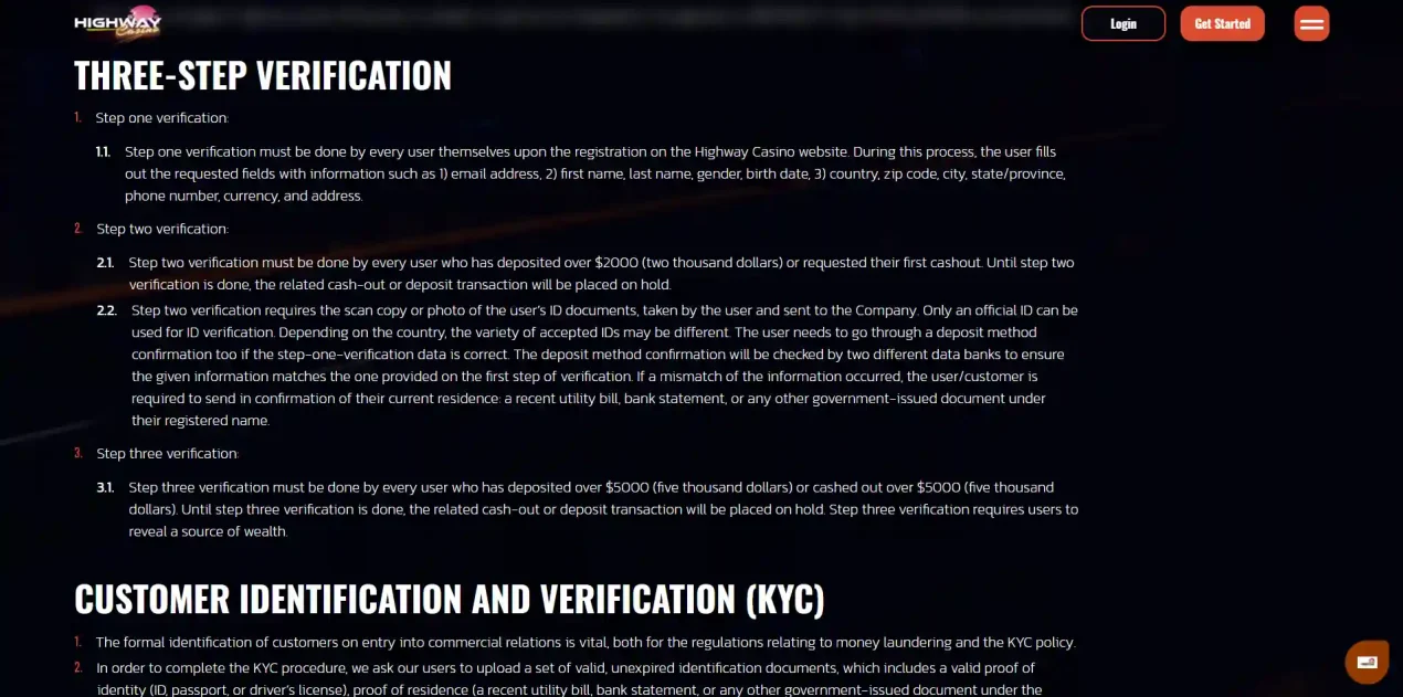 Highway Casino AML policy showing its three-stage KYC verification process
