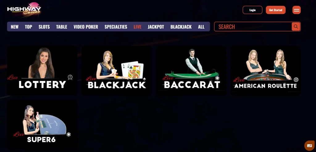 Highway Casino live casino lobby showing live dealer tables