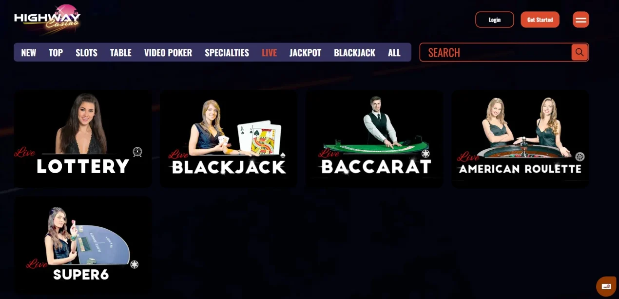 Highway Casino live casino lobby showing live dealer tables