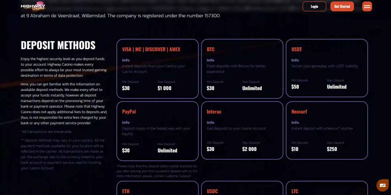 Highway Casino payment methods page showing deposit and cashier options