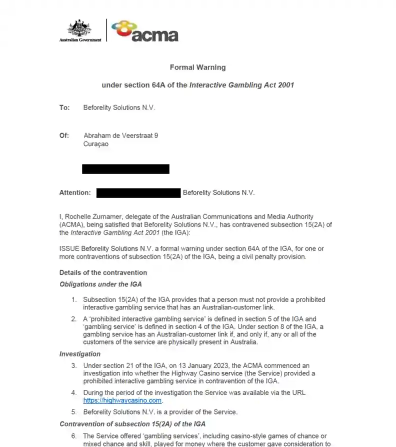 ACMA formal warning page for Beforelity Solutions N.V. and Highway Casino