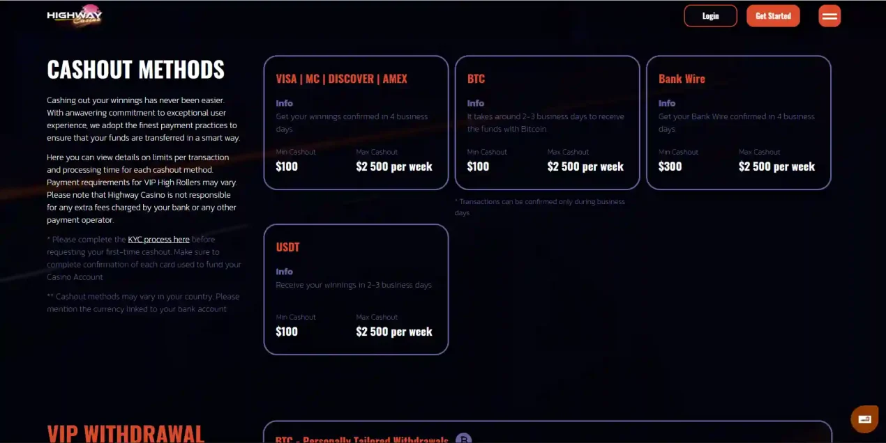 Highway Casino payment methods table used to verify withdrawal limits and processing guidance