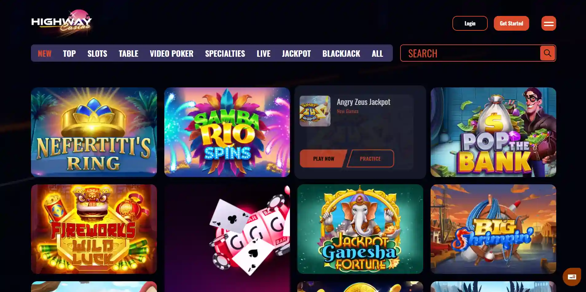Highway Casino games lobby showing casino categories
