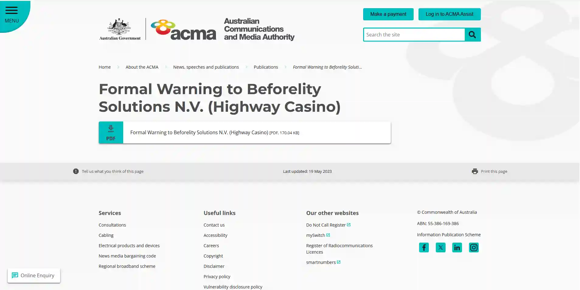ACMA formal warning record for Highway Casino